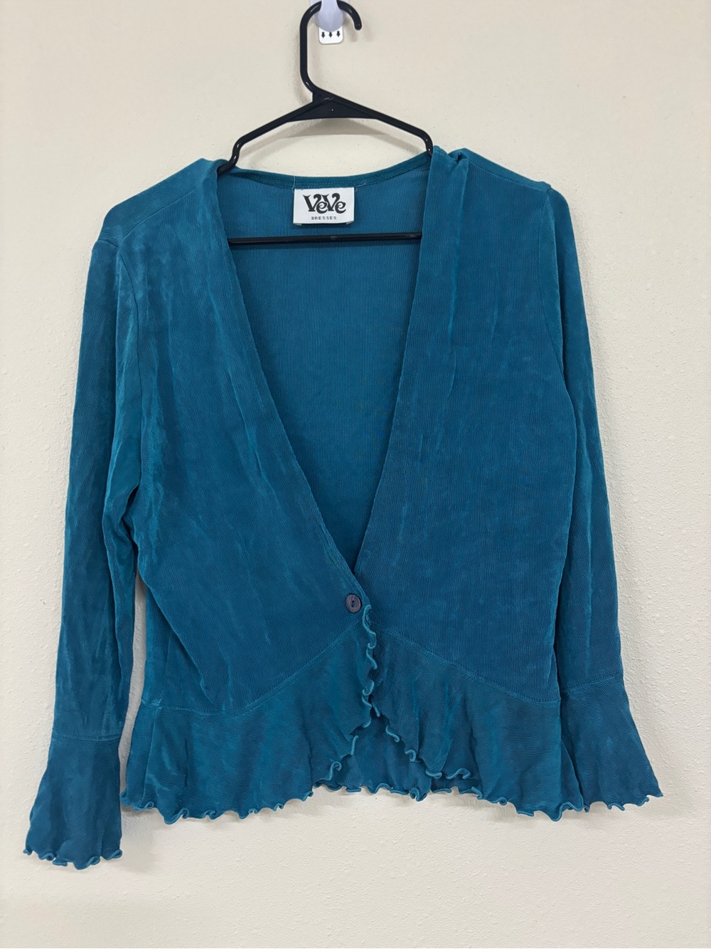 Eve Teal Ruffle-Hem Velvet Cardigan